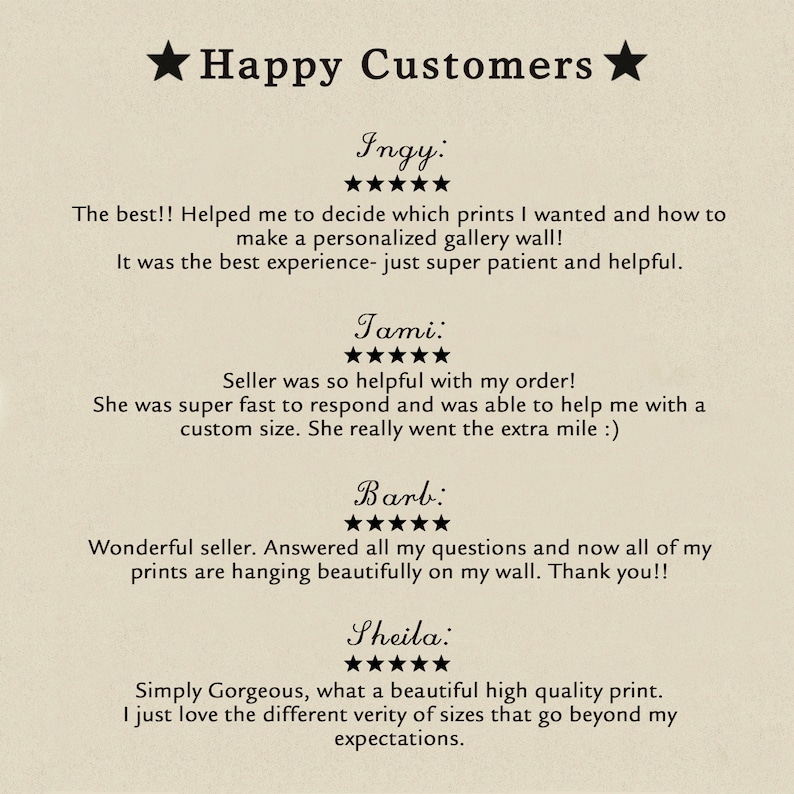 May include: A beige background with the text "Happy Customers" and customer reviews. Each review includes a customer's name, a five-star rating, and a short description of their experience with the product.