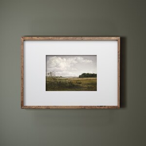 Pode incluir: Uma pintura de paisagem emoldurada com um campo, &aacute;rvores e um c&eacute;u nublado. A obra de arte est&aacute; emoldurada em uma moldura de madeira marrom clara r&uacute;stica e uma montagem branca. A pintura retrata uma cena externa serena.