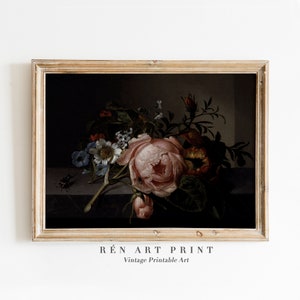 Stimmungsvoller Vintage Blumendruck | Antike Rose Gemälde Drucke Digital | Dark Academia Dekor | Stimmungsvolle Blumenwandkunst | Stillleben-Ölgemälde