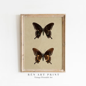 May include: Two vintage illustrations of brown butterflies with yellow markings on a beige background. The butterflies are framed in a light wood frame. The text "RÉN ART PRINT Vintage Printable Art" is at the bottom of the image.