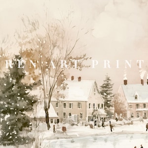 May include: A watercolour painting depicting a snowy winter scene with houses and trees. The houses are white with brown roofs and windows. The trees are bare and covered in snow. The sky is a light blue with clouds. The painting is in a muted colour palette.