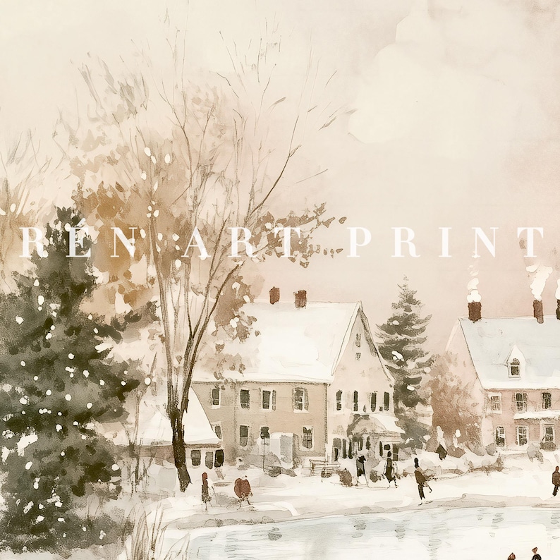 May include: A watercolour painting depicting a snowy winter scene with houses and trees. The houses are white with brown roofs and windows. The trees are bare and covered in snow. The sky is a light blue with clouds. The painting is in a muted colour palette.