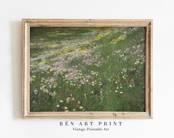 Vintage weide-olieverfschilderij | Muurkunst met wilde bloemen (digitale download)