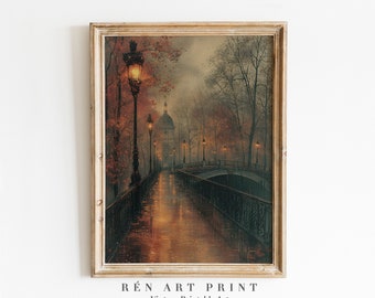 Rainy Autumn Wall Art | Moody Fall Printable Wall Art | Antique Fall City Painting | Vintage Country Farmhouse Print | Rustic Wall Decor