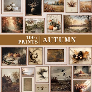 May include: A collection of framed art prints featuring autumn themes, including pumpkins, landscapes, forests, squirrels, and fall foliage. The central text reads 100+ PRINTS AUTUMN. The images display warm, earthy tones of brown, orange, and muted gold.