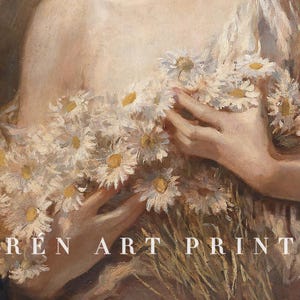 May include: A painting of a woman holding a bouquet of white daisies. The woman's skin is pale and her hair is dark. The daisies are arranged in a loose, natural way. The painting is done in a realistic style.