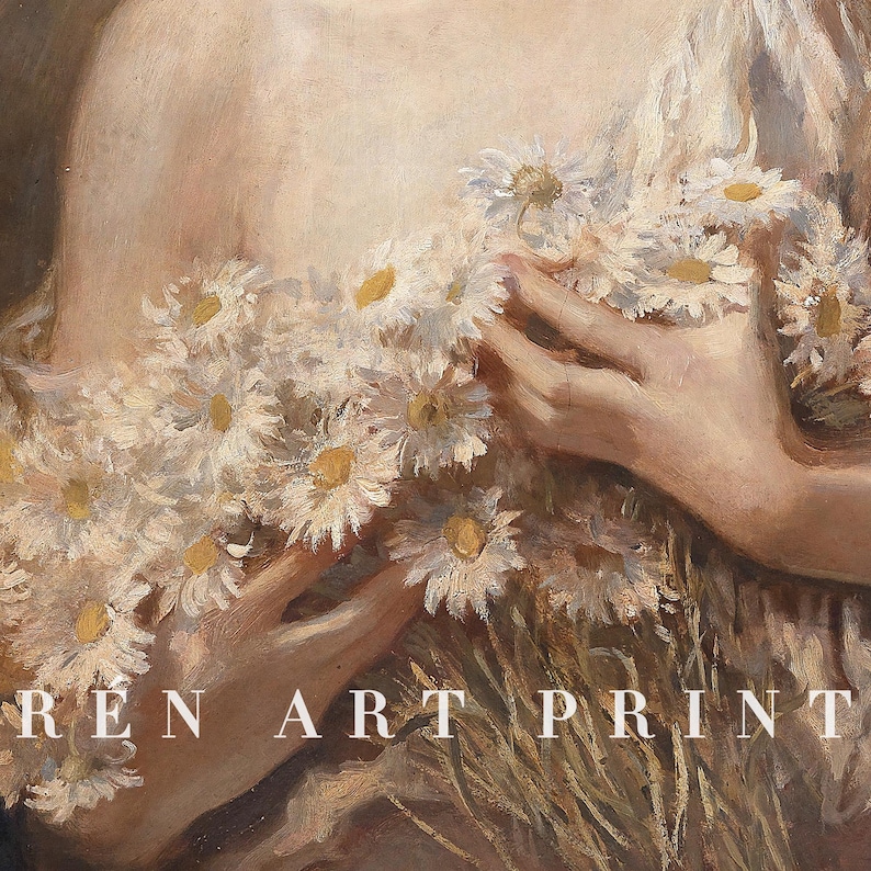 May include: A painting of a woman holding a bouquet of white daisies. The woman's skin is pale and her hair is dark. The daisies are arranged in a loose, natural way. The painting is done in a realistic style.