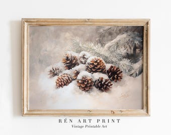 Vintage Pine Cone Christmas Painting | Neutral Winter Art (Digital Download)