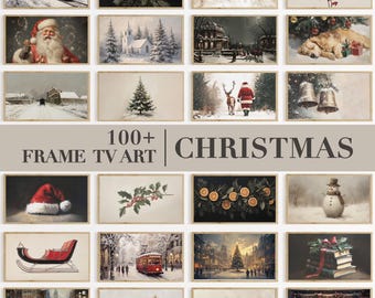 May include: A collection of over 100 digital Christmas-themed artworks for Frame TVs, featuring various winter scenes, Santa Claus, snowy landscapes, holiday decorations, festive greenery, and classic seasonal imagery displayed in a grid layout.