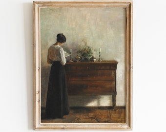 Pintura vintage de una mujer leyendo / Arte académico con luz tenue (Arte imprimible)