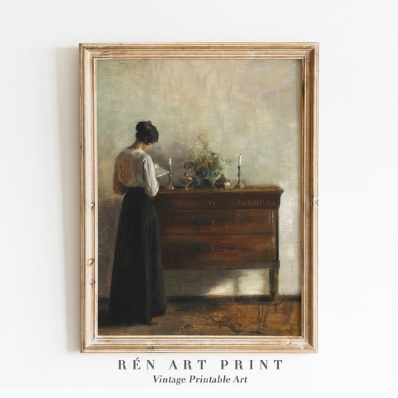 Vintage Woman Reading Painting | Moody Light Academia Art (Printable Art)
