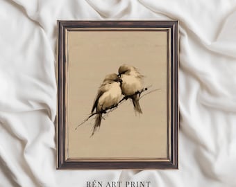 Vintage Love Birds Sketch | Neutral Romantic Art | Cottage Valentine Printable | Spring Bird Digital Download