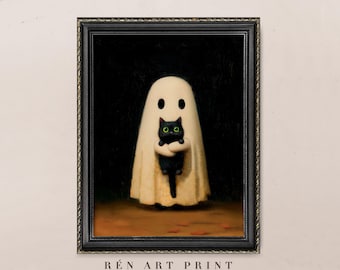 May include: A framed vintage art print featuring a ghost holding a black cat with green eyes. The ghost is draped in a cream-colored sheet with two eye holes. The artwork has a dark background and the text "RÉN ART PRINT Vintage Printable Art".