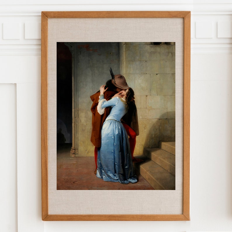 May include: A painting of a couple embracing and kissing in a stone hallway. The man is wearing a brown coat and a hat, while the woman is wearing a blue dress. The painting is set in a historical period.