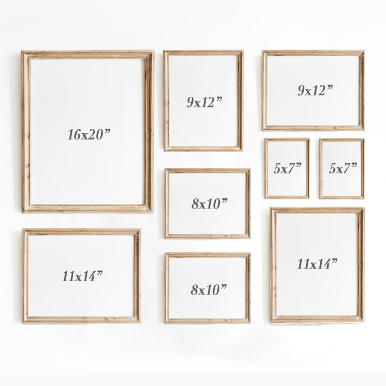 May include: A collection of eight wooden picture frames in various sizes, including 16x20 inches, 11x14 inches, 9x12 inches, 8x10 inches, and 5x7 inches.