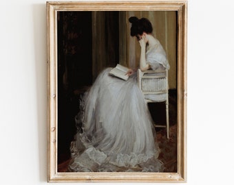 Vintage Woman Reading Portrait Print | Moody Bedroom Wall Art (Digital Download)