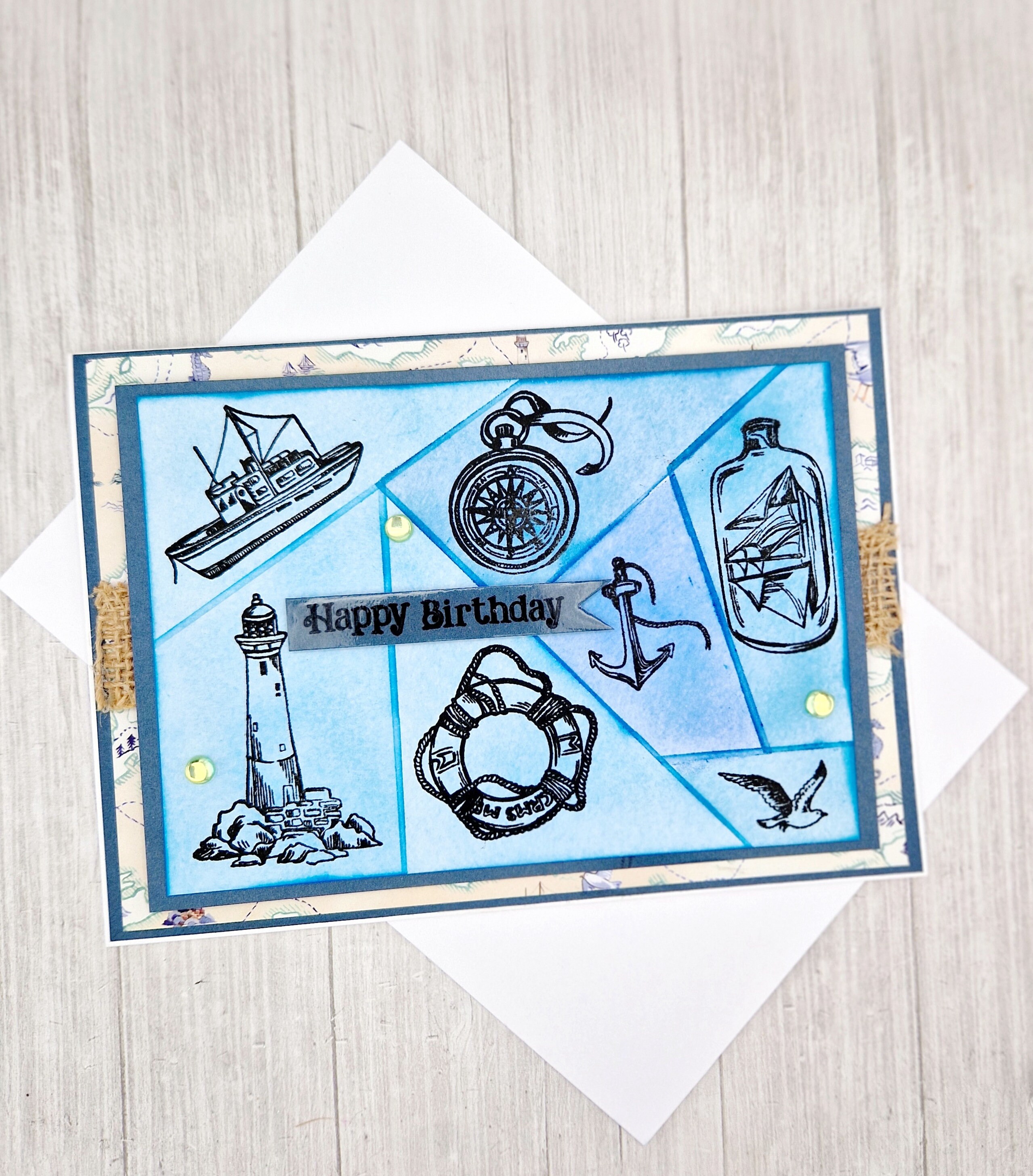 Nautical Birthday Card. Lighthouse, Compass, Boat,ship,anchor,yachting ...