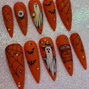 Boo Babe Halloween Nails | Orange Long Stiletto Press On Nails, Hand Painted Fake Nails, Reusable Halloween Matte Nails