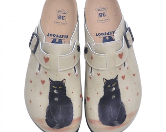 BLACK CAT Themed Comfortable Women's Clogs, CAT Lovers, Cat Lover Gifts, Leather Clogs, Traveling Clogs, Comfy Clogs