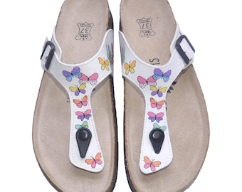 Colorful Butterfly T-Strap Sandals | Handmade Footbed Flip Flops | Boho Summer Slides | Adjustable Buckle Comfort Sandals for Women