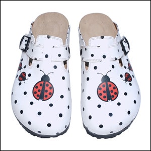 Ladybug Themed Women&#39;s Clogs Embroidered on White Color