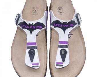 White Leather Sandals “Eyes On Me” – Purple & Black Boho Flip Flops – Comfortable Footbed Summer Slides – Unique Gift for Her