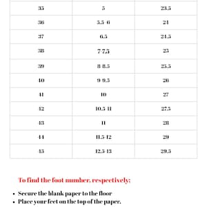 May include: A shoe size chart for women, showing corresponding sizes in EU, USA, and centimeters. The chart lists sizes from EU 35 to 45, with corresponding USA sizes from 5 to 12.5-13, and centimeter measurements from 23.5 to 29.5.