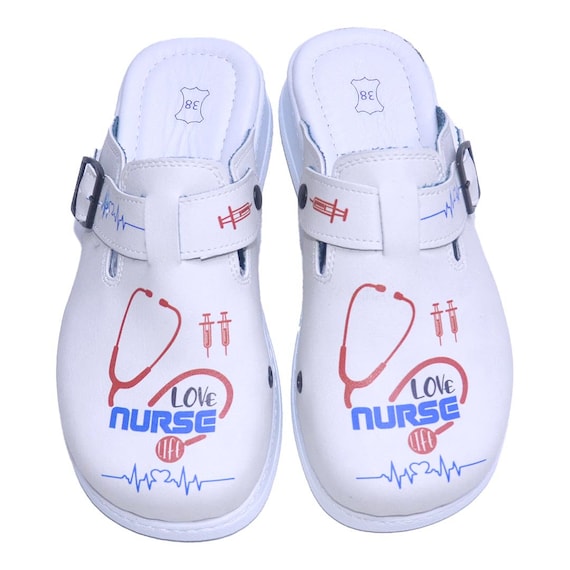 Nurse High Heel Clogs Nursing Shoes Comfortable Red Stethoscope and Syringe Themed Professional Clogs Anatomical