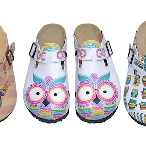Tamancos femininos com estampa de coruja fofa | Mules estampados e coloridos | Tamancos confortáveis com fivela | Sapatos com design exclusivo de coruja