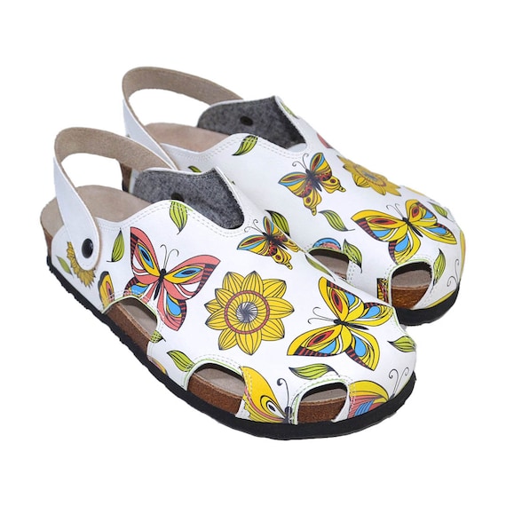 Butterfly & Sunflower Leather Clogs | Colorful Comfort Sandals | Summer Floral Slip-On Shoes | Women’s Casual Slingback Clogs