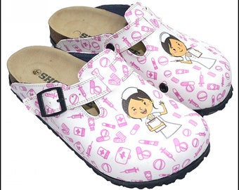 Nursing Clogs, Nurses Shoes, PINK NURSE Themed Professional and Comfortable Medical Slippers,  Handmade,