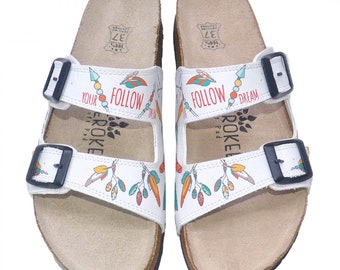 Boho Printed Double Strap Sandals, White Footbed Slides, Adjustable Buckle Summer Sandals, Comfortable Casual Slip On Shoes