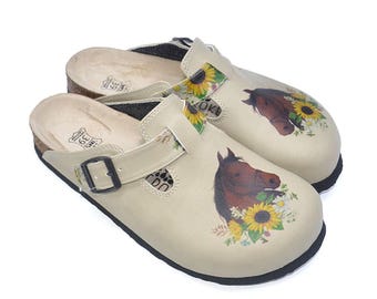 Horse Lover Clogs with Sunflower Design • Leather Slip-On Clogs • Comfortable Floral Mule Shoes • Western Animal Print Clogs for Women