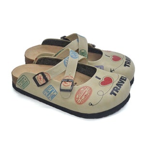 Travel Clogs: Leather Anatomical Slippers with Passport Stamps