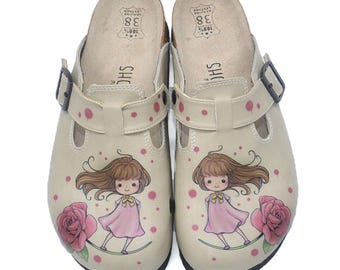 Cute Girl and Rose Clogs | Comfort Leather Clogs for Women | Nursery Preschool Teacher Shoes | Gift for Teachers