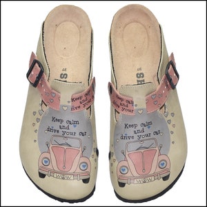 Beige Clogs: Women&#39;s Comfortable Anatomical Leather Clogs - Beetle Car Theme