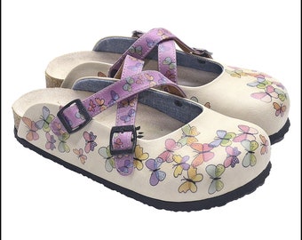 BUTTERFLY Themed Cross Band Comfortable Women&#39;s Clogs, Traveler Clogs, Criss Cross Clogs