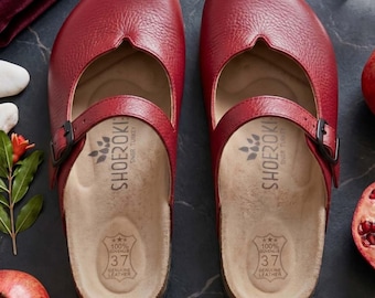 Red Leather Mary Jane Clogs | Genuine Leather Slip On Clogs | Anatomical Soft Footbed | Lightweight EVA Sole | Handmade Women's Comfort Shoe