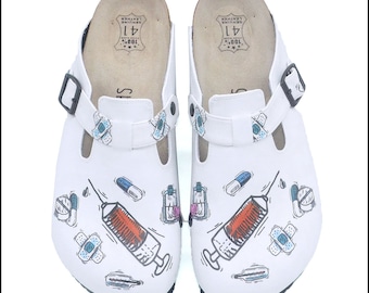 Patterned Nurse Clogs: Anatomical Leather Sole, Lightweight