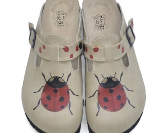 LADYBUG Themed Professional Womens Clogs,  Handmade, Comfortable Nurse & Doctor Clogs, Traveler Clogs