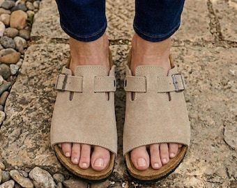 Genuine Leather Clogs Sandals, Unisex Leather Mules, Adjustable Buckle Slip On Shoes, Comfortable Anatomical Footbed, Beige