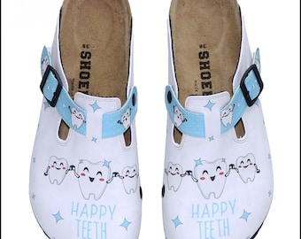 Dentist Clogs, Dental Shoes, Dentistry, Dental Assistant Gifts, HAPPY TEETH Themed Professional Doctor Clogs, Comfy Shoes