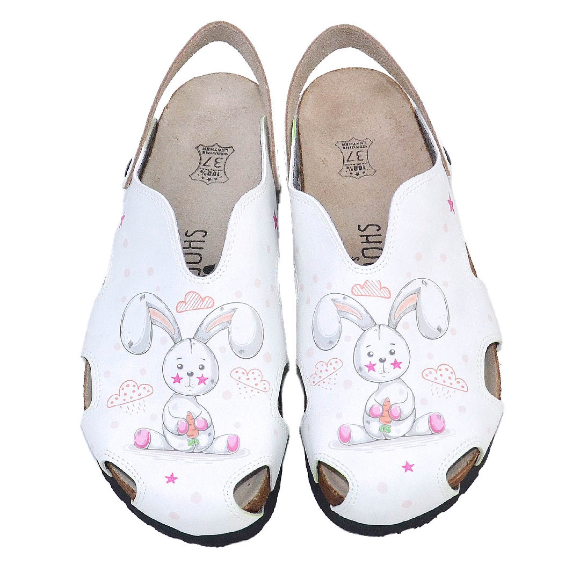 Cute Bunny Print Sandals • White Leather Open-toe Clogs 