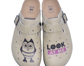 Handmade Leather Clogs | Minimal Owl Design Slippers | Adjustable Strap Comfort House Shoes