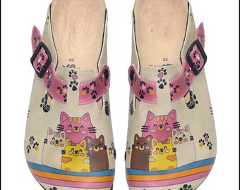 Zuecos Cat Family: Zapatos cómodos de cuero para mujer