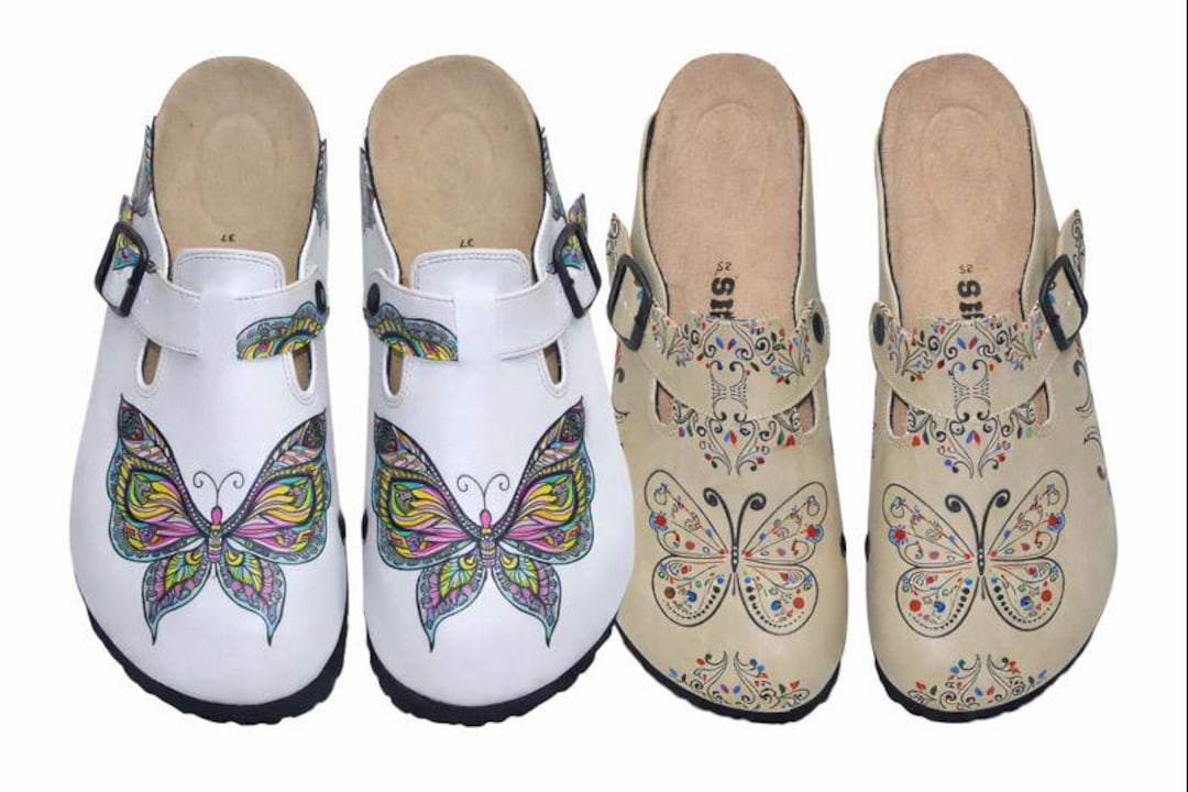 Pattern Clogs Butterfly Pattern Clogs | Colorful Printed Leather Slip-on Clogs for ...
