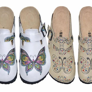 Zuecos con estampado de mariposas / Zuecos de piel con estampado colorido para mujer / Cómodas mules con hebilla / Zapatos bohemios artísticos