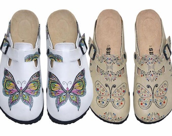 Butterfly Pattern Clogs | Colorful Printed Leather Slip-On Clogs for Women | Comfortable Buckle Mules | Artistic Boho Shoes