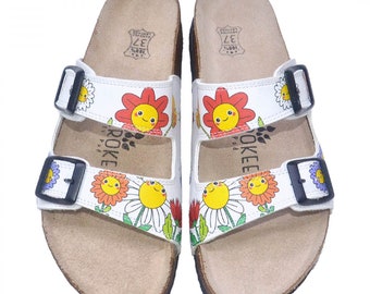 Cute Smiley Flower Sandals | Floral Summer Slides | Adjustable Buckle Sandals | Comfortable Footbed Slippers | Aesthetic Cute Shoes