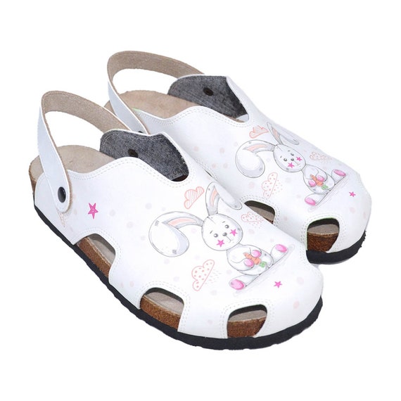 Cute Bunny Print Sandals • White Leather Open-toe Clogs 